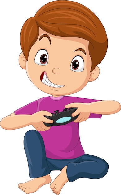 Cartoon little boy playing video game