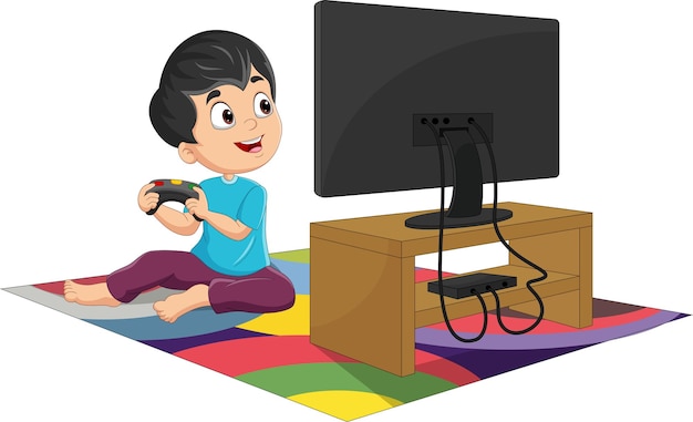 Vector cartoon little boy playing video game