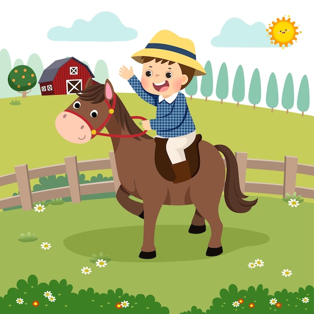 Vector cartoon of little boy riding a horse in the farm