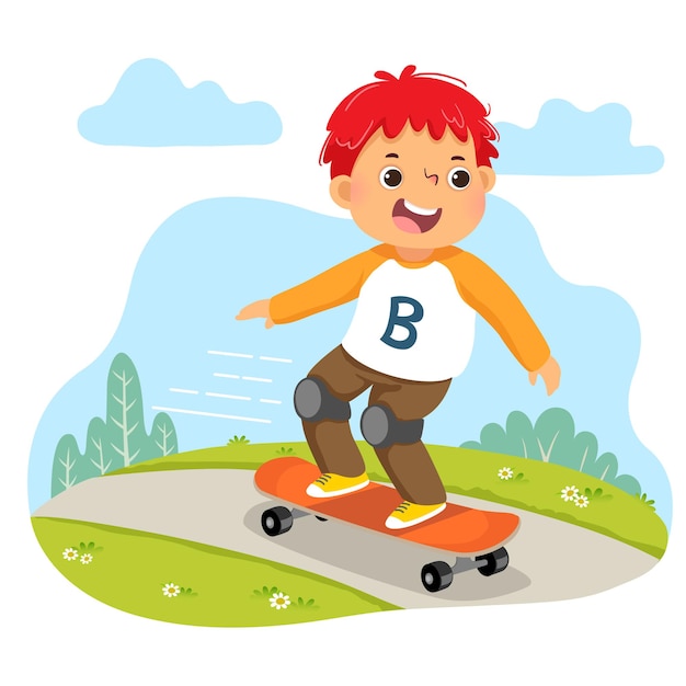 Cartoon of little boy riding on skateboard in the park