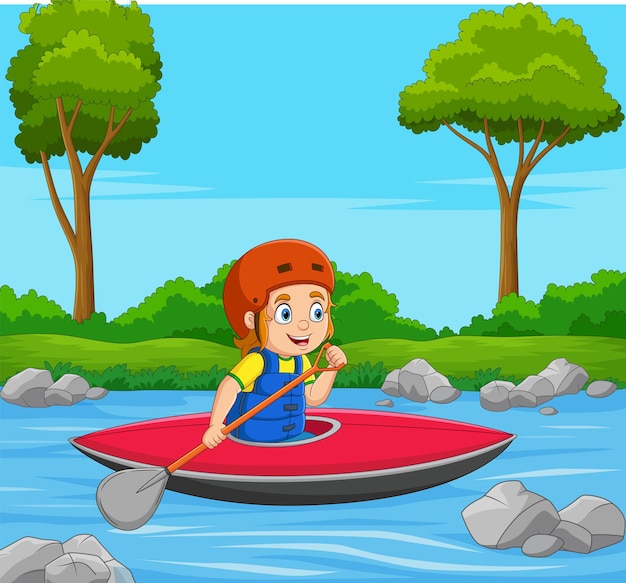 Cartoon little boy rowing a boat