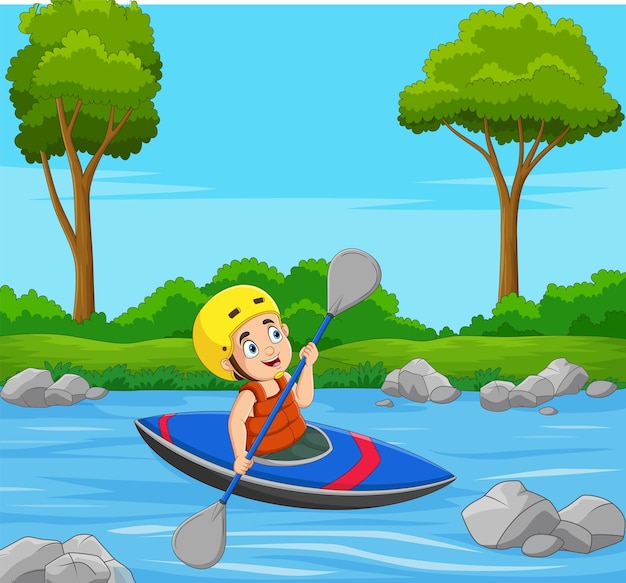 Cartoon little boy rowing a boat