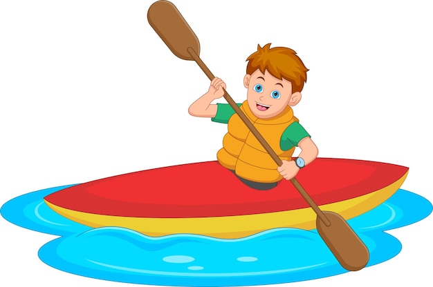 Cartoon Little Boy Rowing a canoe