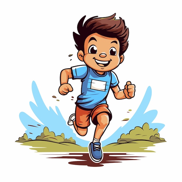 Vector cartoon little boy running in the park vector illustration isolated on white background