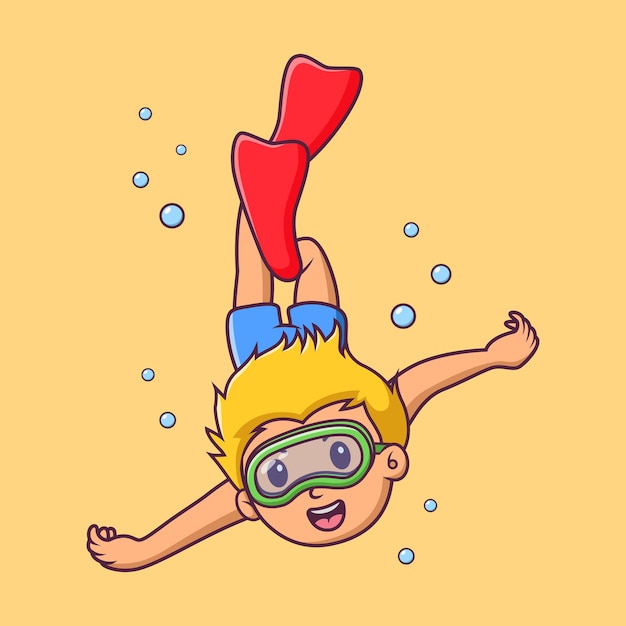 Vector cartoon little boy scuba diver