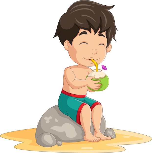 Cartoon little boy sit and drink coconut cocktail