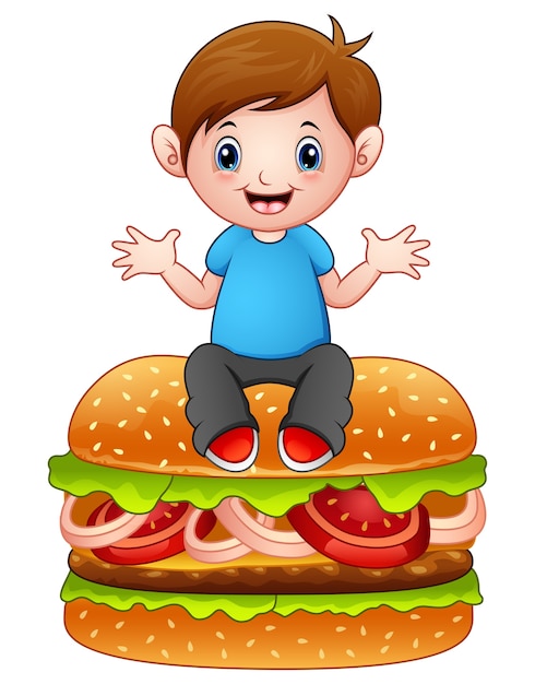 Cartoon little boy sitting on a big hamburger