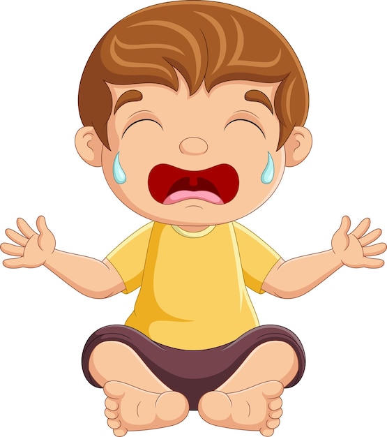 Cartoon little boy sitting and crying