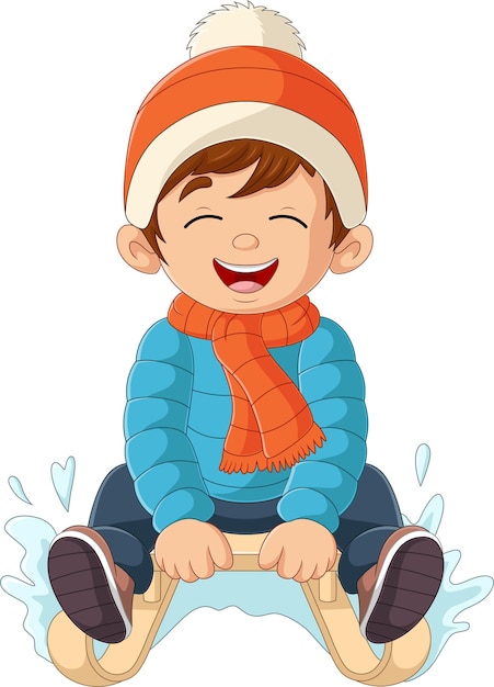 Cartoon little boy sledding down a hill