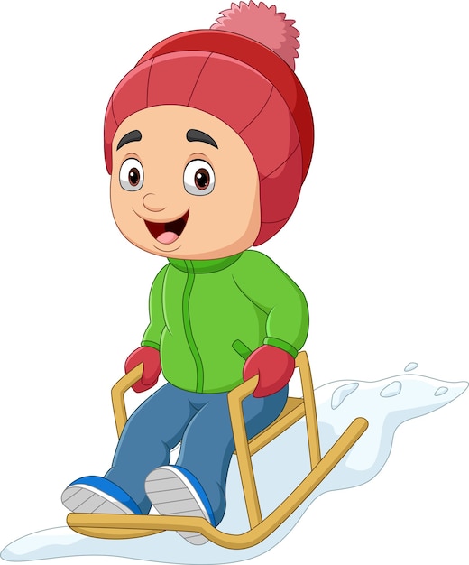 Cartoon little boy sledding down