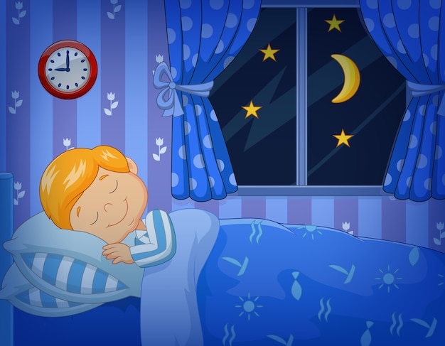 Cartoon little boy sleeping in the bed