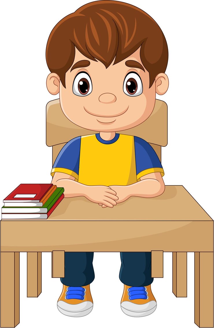 Вектор маленький мальчик из мультфильмов учится на столе.