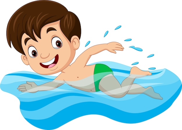 Cartoon little boy swimmer in the swimming pool