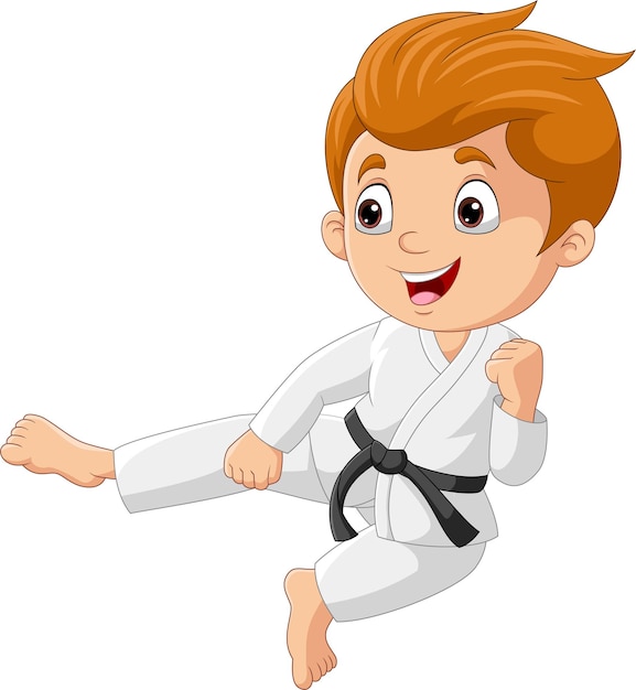 Cartoon little boy training karate