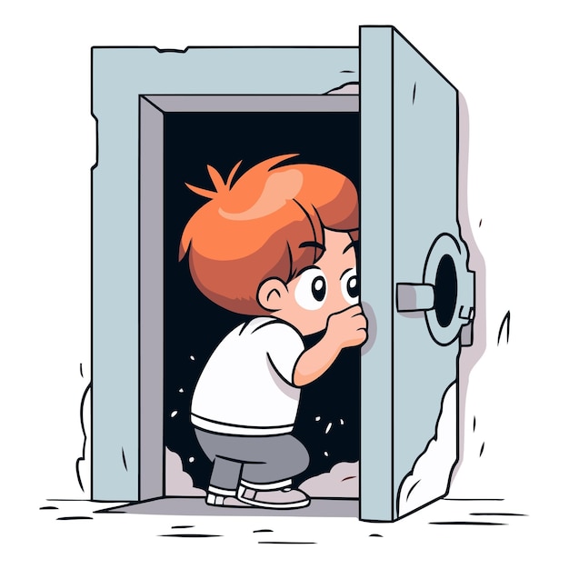 Cartoon little boy trying to open the safe door
