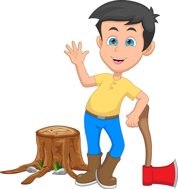 cartoon little boy waving and with axe