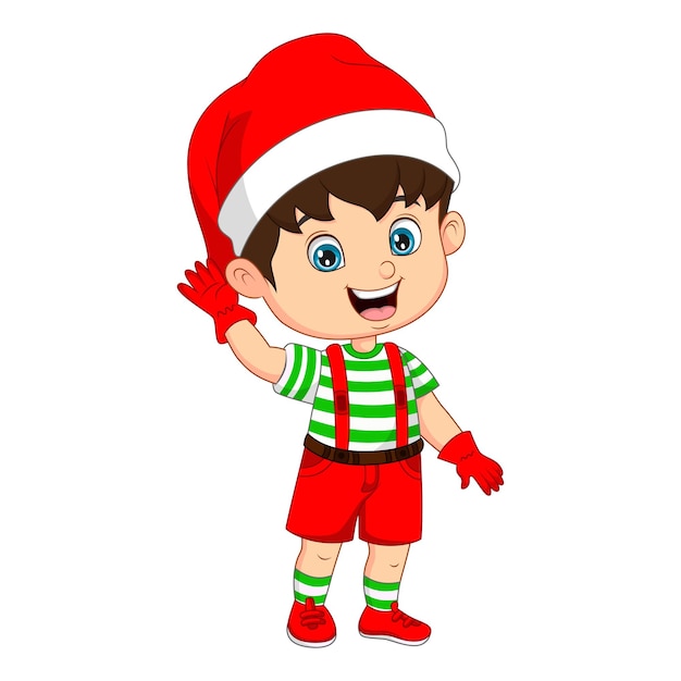 Vector cartoon little boy wear santa costume waving hand