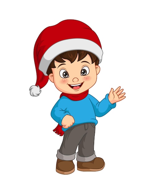 Cartoon little boy wear santa hat waving hand