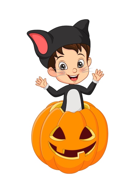 Cartoon little boy wearing halloween cat costume inside pumpkin