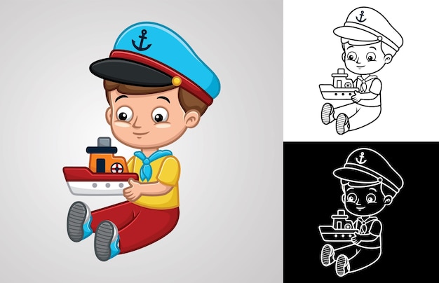 Cartoon little boy wearing sailor accessories while holding toy boat