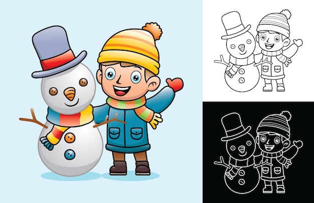 Cartoon of little boy in winter coat standing with funny snowman