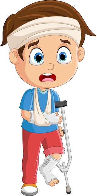 Vector cartoon little boy with broken arm and leg