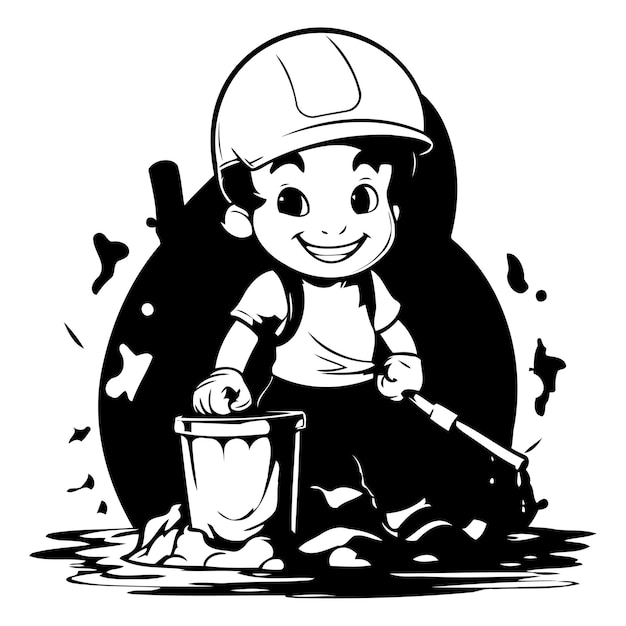 Cartoon little boy with bucket and shovel Construction worker Vector illustration