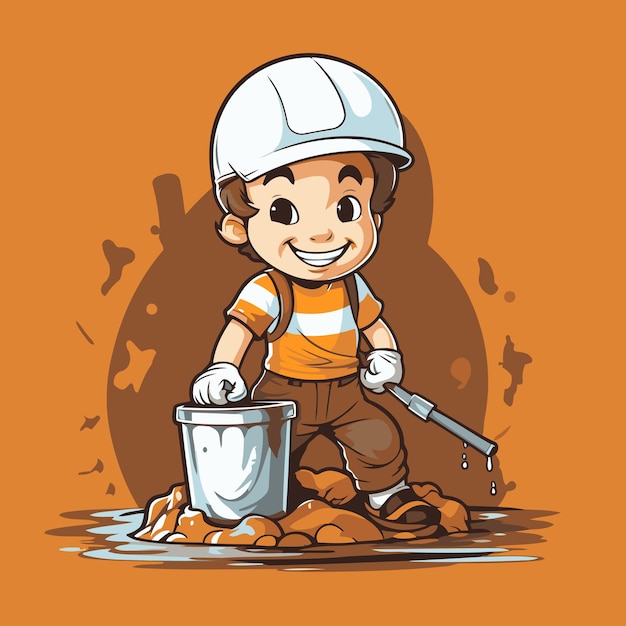 Cartoon little boy with bucket and shovel Construction worker Vector illustration