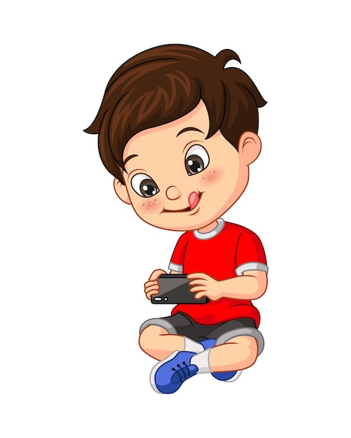 Cartoon little boy with mobile phone