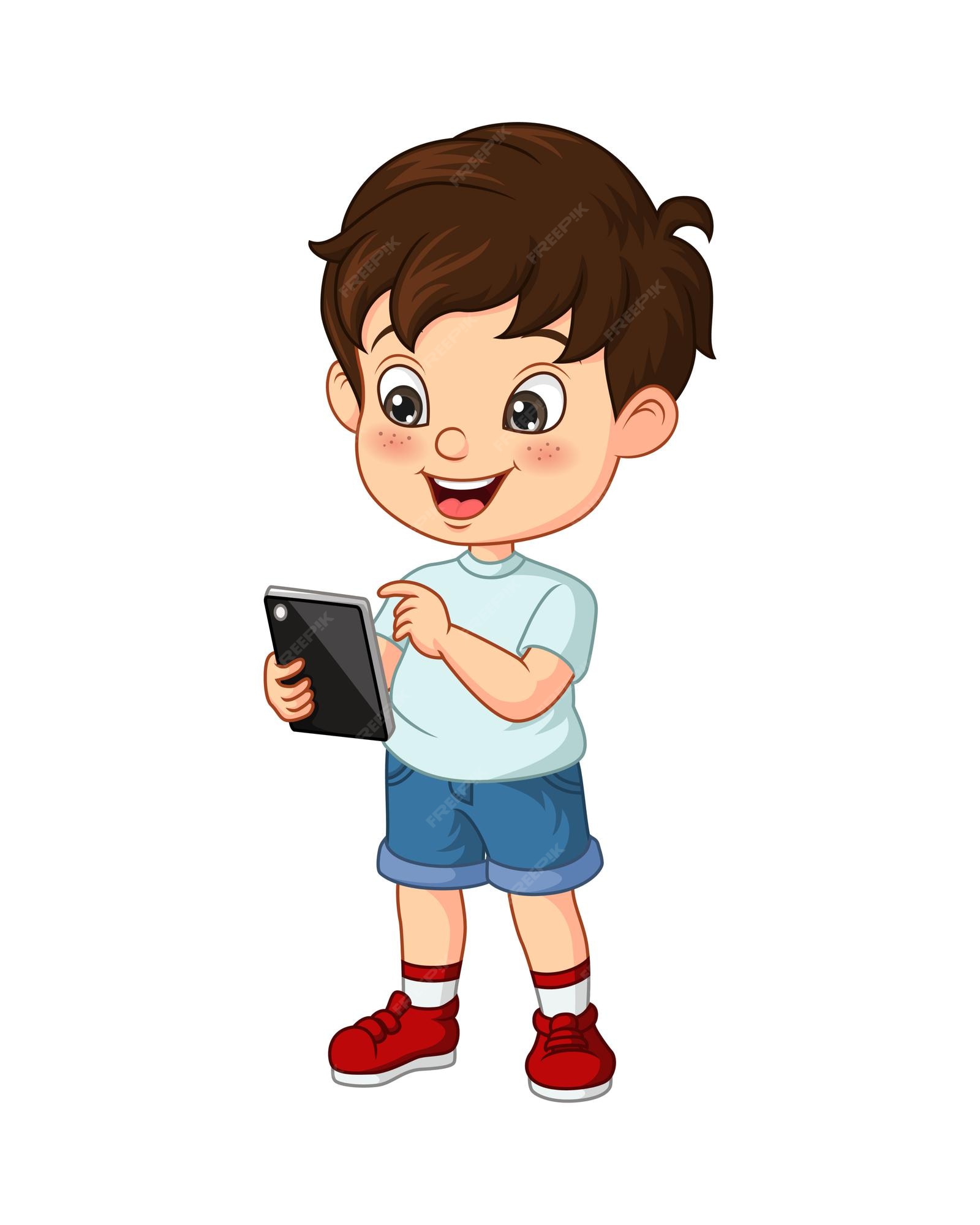 Cute little kids with mobile gadgets playing Vector Image