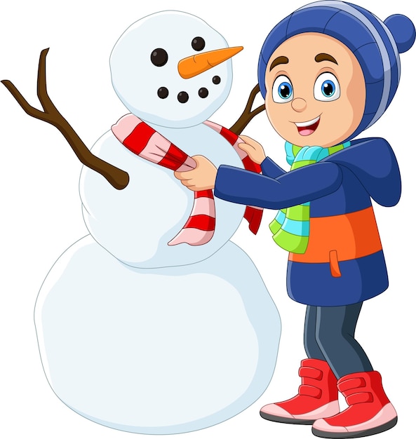 Cartoon little boy with a snowman