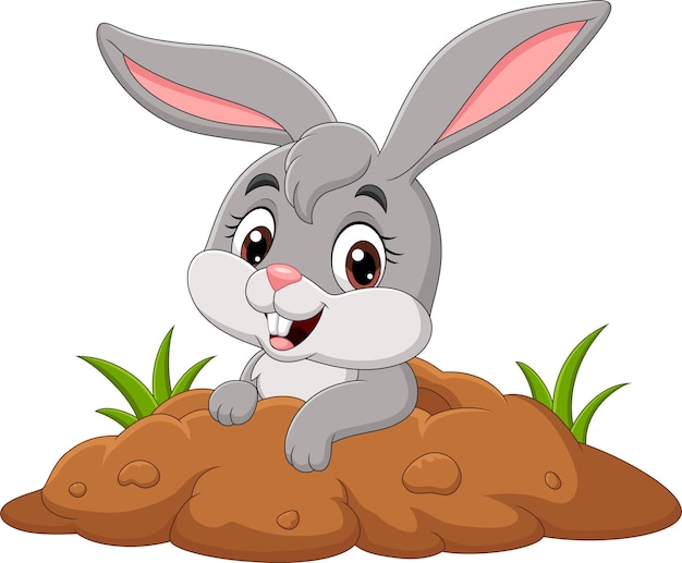 Vector cartoon little bunny out from hole