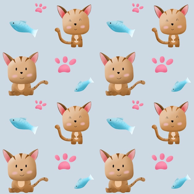 Vector cartoon little cat and fish pattern.