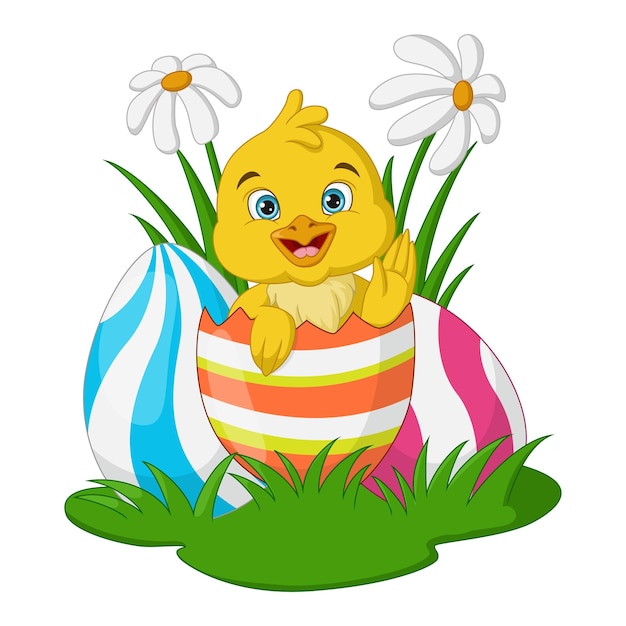 Vector cartoon little chick inside a cracked easter egg