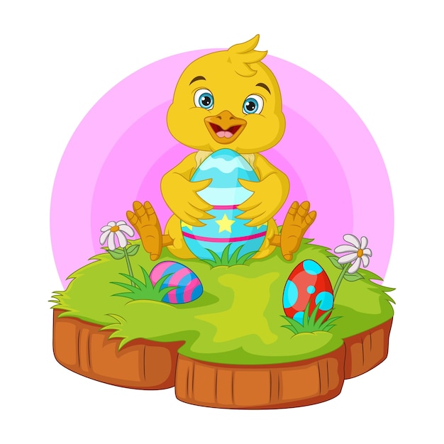 Vector cartoon little chick with easter egg in the grass