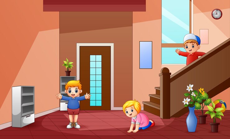 वेक्टर cartoon little children playing at the home