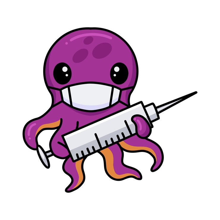 Vector cartoon little doctor octopus holding a syringe