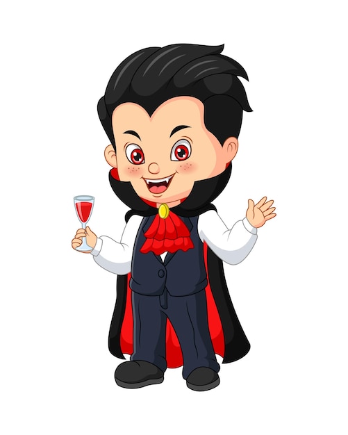 Cartoon little dracula holding a drinking blood