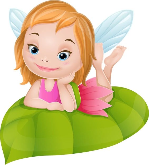 Cartoon little fairy on green leaf