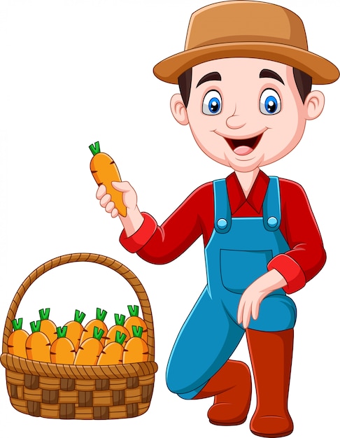 Vector cartoon little farmer harvesting carrots