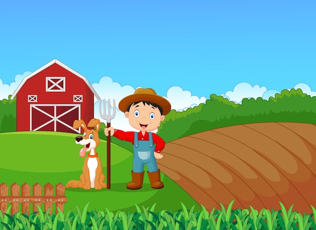 Cartoon little farmer and his dog with farm background