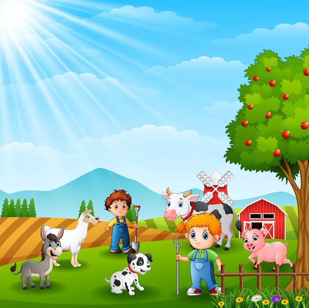 Cartoon piccoli agricoltori con animali presso l'azienda agricola