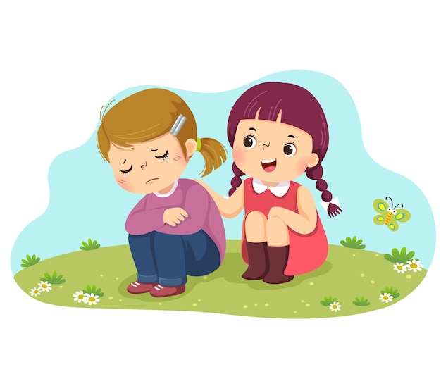 cartoon of little girl consoling her crying friend.