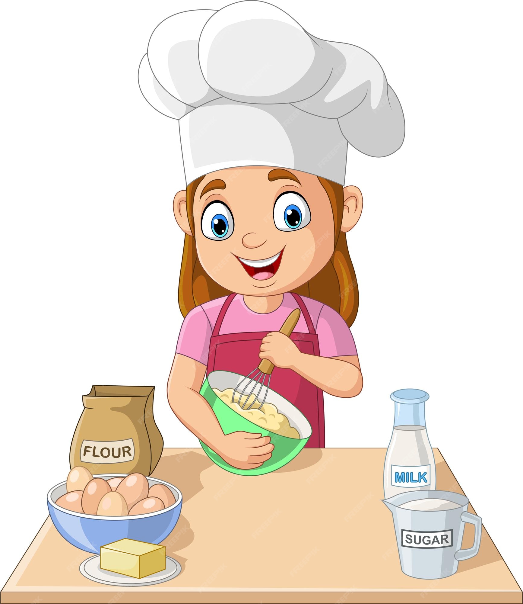 Premium Vector | Cartoon little girl cooking making a cake Premium Vector | Cartoon little girl cooking making a cake