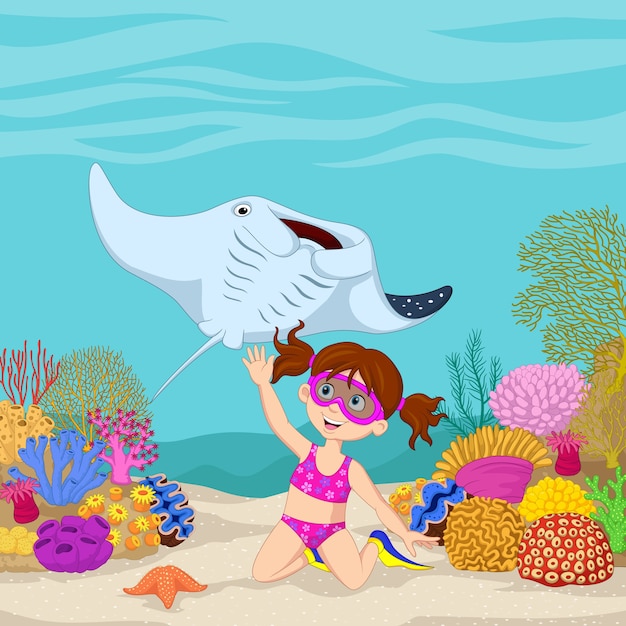 Вектор Мультфильм маленькая девочка, дайвинг в подводном тропическом море