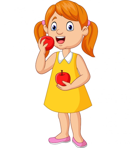 Vector cartoon little girl eating apples