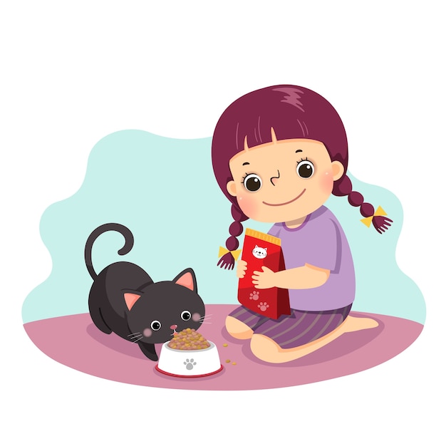  cartoon of a little girl feeding her cat at home. Kids doing housework chores at home concept.