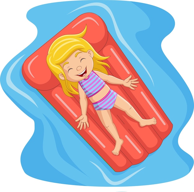 Cartoon little girl floats on inflatable mattress