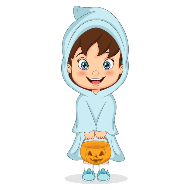 Vector cartoon little girl holding pumpkin basket