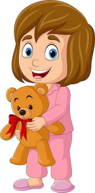 Cartoon little girl holding teddy bear